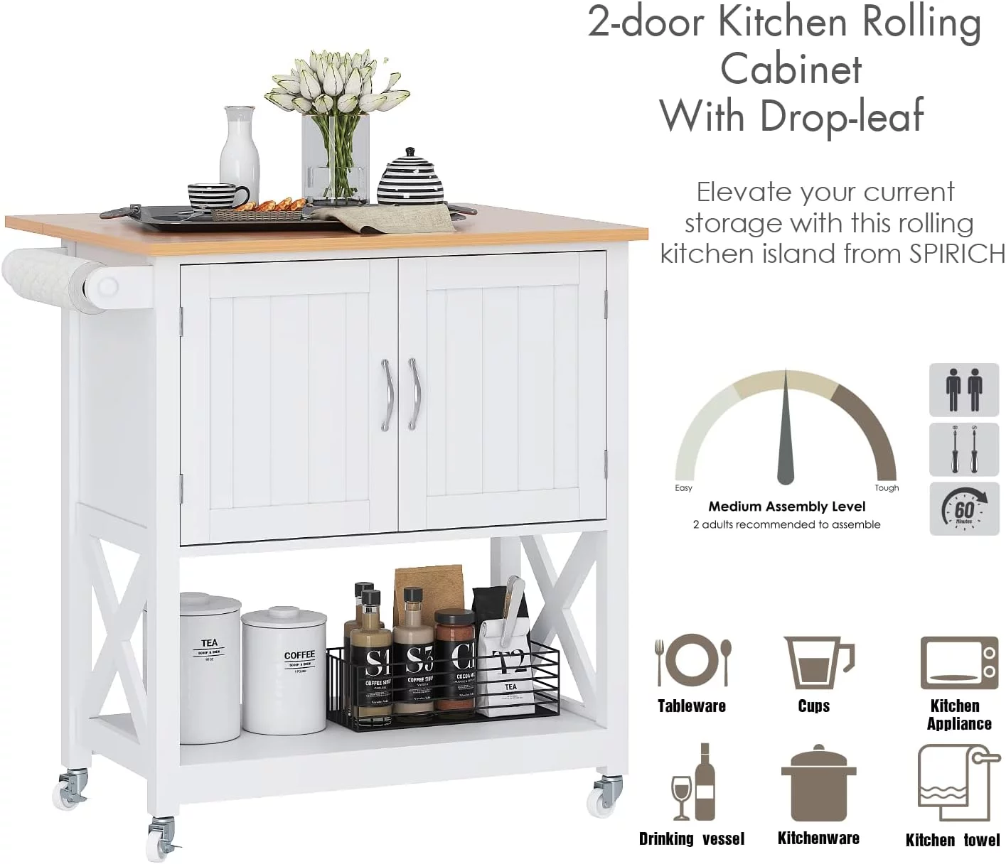 Spirich Home Kitchen Island on Wheels, Rolling Cart with Storage Cabinet, Small Kitchen Island with Drop Leaf and Towel Rack for Dining Room, White