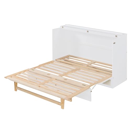 Ball & Cast Queen Size Solid Pine Murphy Bed Chest,Cabinet Hideaway Bed with Charging Station and Large Storage Drawer,Wood Wall Bed can be Folded