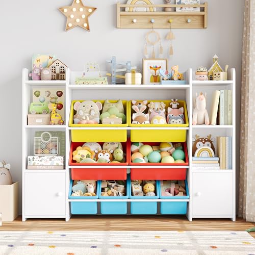 FOTOSOK 55''Large Toy Storage Organizer with 8 Toy Bins, Toy Organizers and Storage with Shelf and 6 Storage Cubbies, Bookshelf for Kids