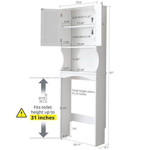 Over The Toilet Storage Cabinet, 3-Tier Freestanding Organizer, Bathroom Storage Cabinet Organize,Adjustable Shelves, Double Doors