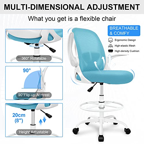 Primy Drafting Chair Tall Office Chair with Flip-up Armrests Executive Ergonomic Computer Standing Desk Chair with Lumbar Support and Adjustable