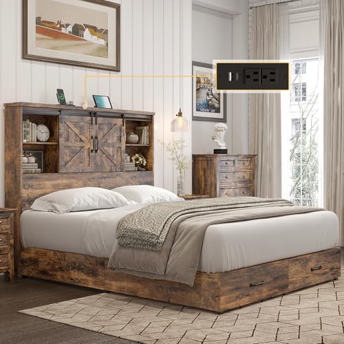 HOWE King Size Bed Frame, Wood Platform Bed Frame with 51.2" Bookcase Headboard, Storage Bed with Sliding Barn Door Charging Station 2 Drawers