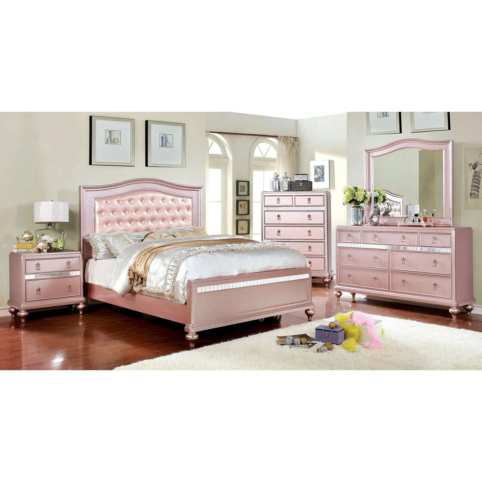 Contemporary Rose Gold Twin Size Bed 6pc Set Dresser Mirror Nightstand Chest Padded HB Tufted Bedroom Furniture Solid wood