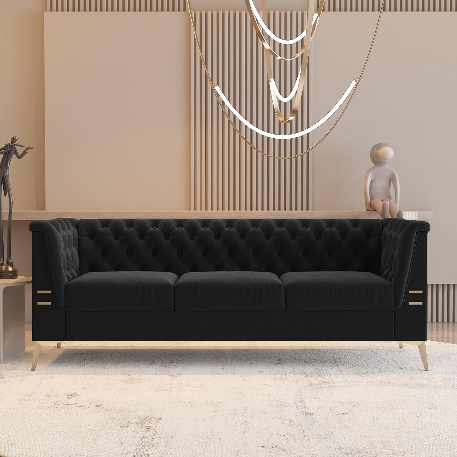 WILLIAMSPACE Chesterfield Sofa 3 Seater Couches Upholstered Tufted Velvet Sectional Sofa for Living Room/Office/Apartment - Dark Grey