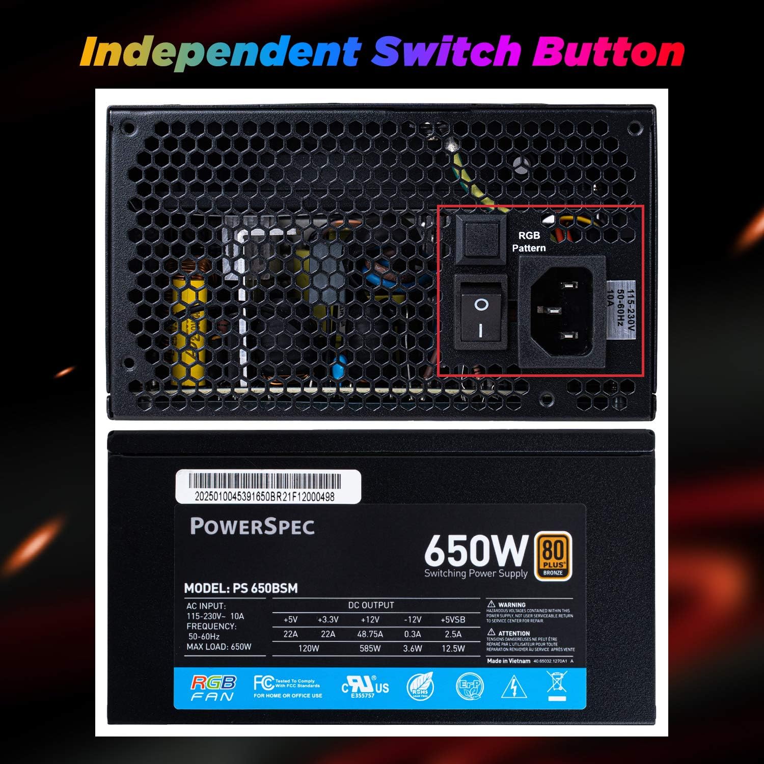 PowerSpec 650W Power Supply 80 Plus Bronze Certified Fixed Cable Non-Modular ATX PSU Active PFC SLI Crossfire Ready Gaming PC Computer Switching