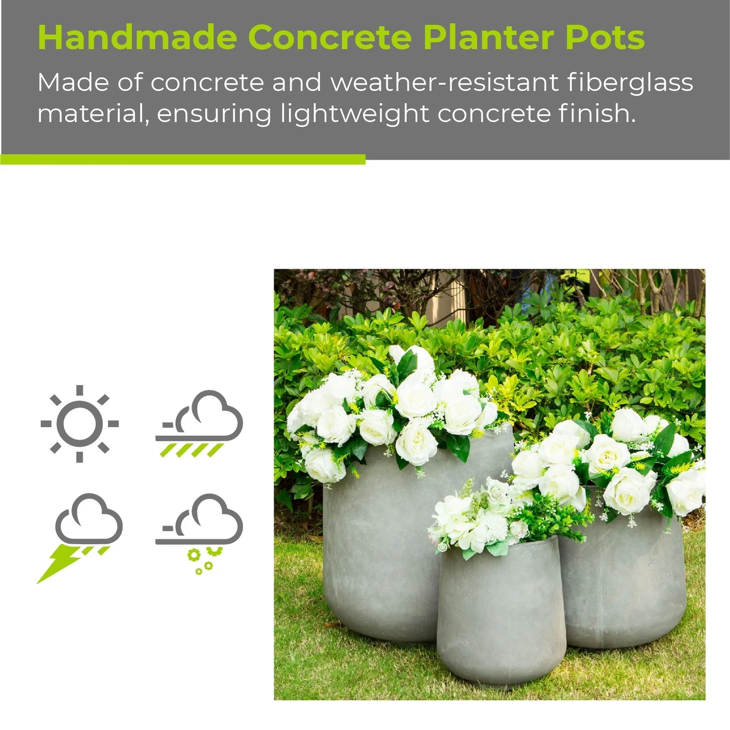 Kante  Round Concrete Planter (Set of 3 Sizes), Outdoor/Indoor(Concrete Grey) White