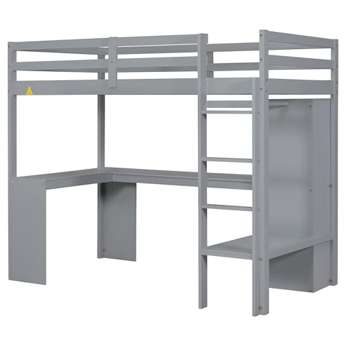 SOFTSEA Full Size Loft Bed with Desk & Wardrobe, Wood Loft Bunk Bed with Storage Shelves and Cabinets