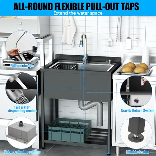 Stainless Steel Utility Sink, 30.8" × 22" × 39.5"Freestanding Sink with Cold and Hot Water Faucet,Hoses and Drain Kit for Kitchens, Bathrooms, Garage
