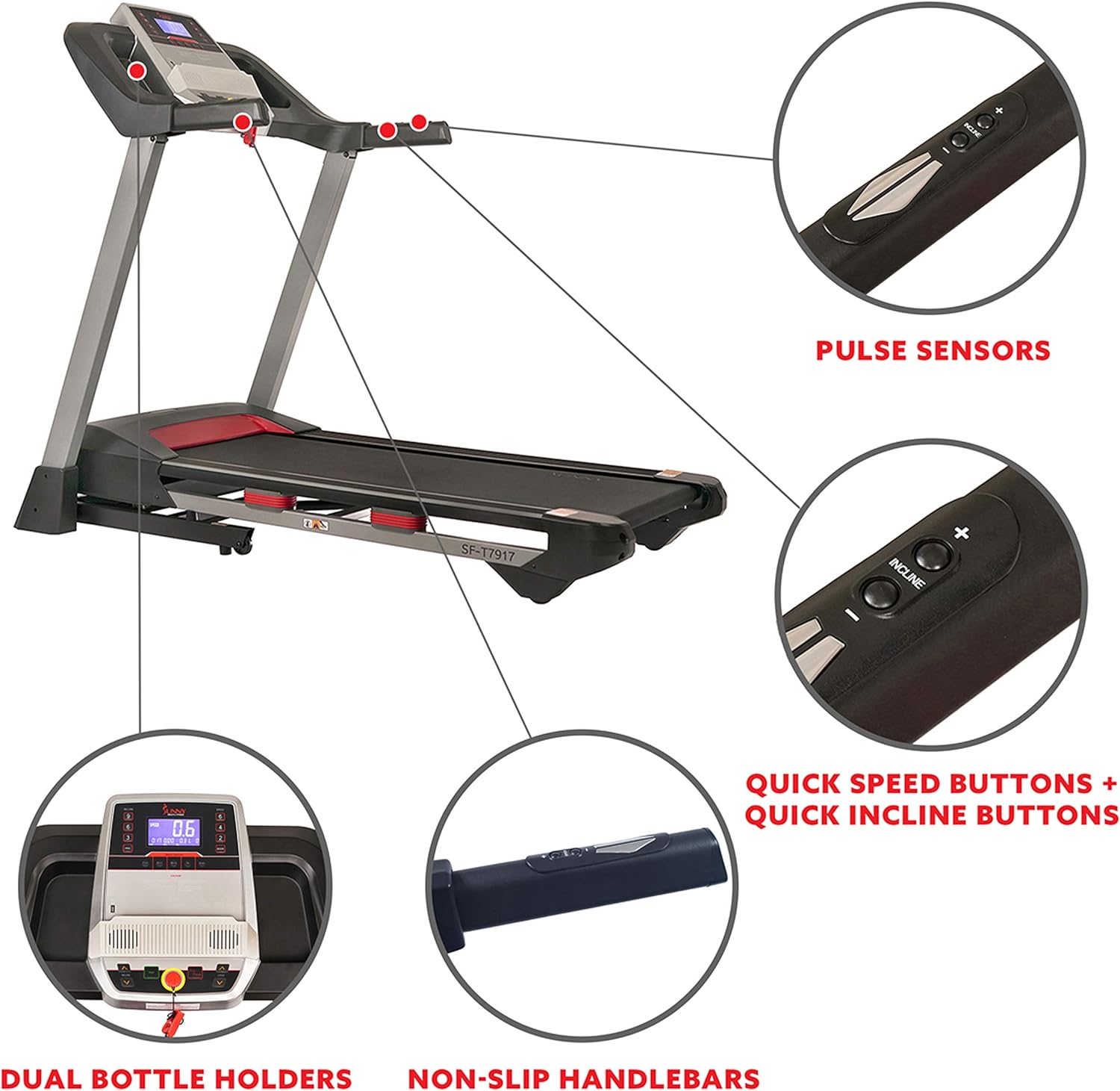Sunny Health & Fitness Folding Treadmill for Home Exercise with 265 LB Capacity, Device Holder, Bluetooth Speakers and USB Charging - SF-T7917