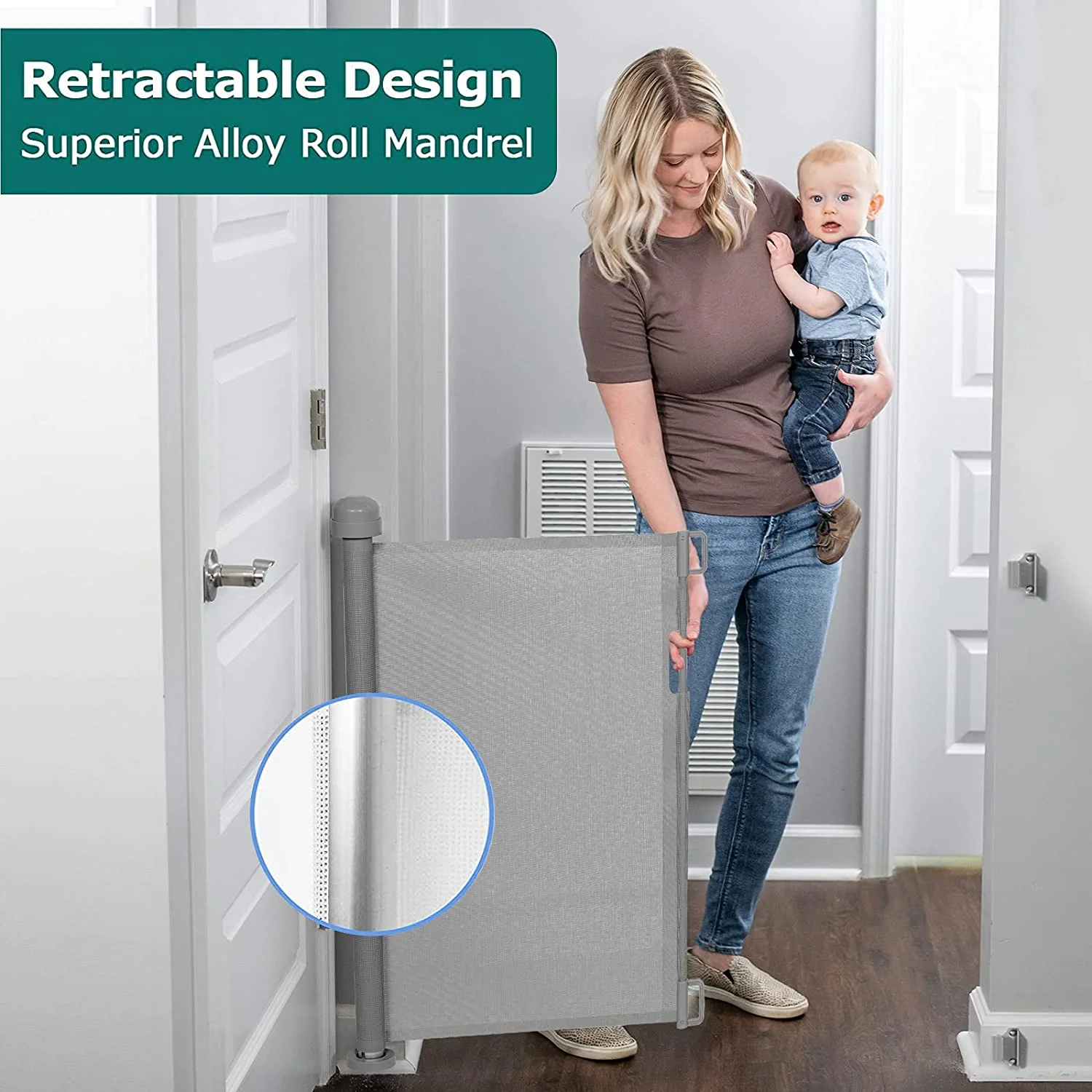 Retractable Baby Gate, Extra Wide Safety Kids or Pets Gate, 33” Tall, Extends to 55” Wide, Mesh Safety Dog Gate for Stairs, Indoor, Outdoor, Doorways