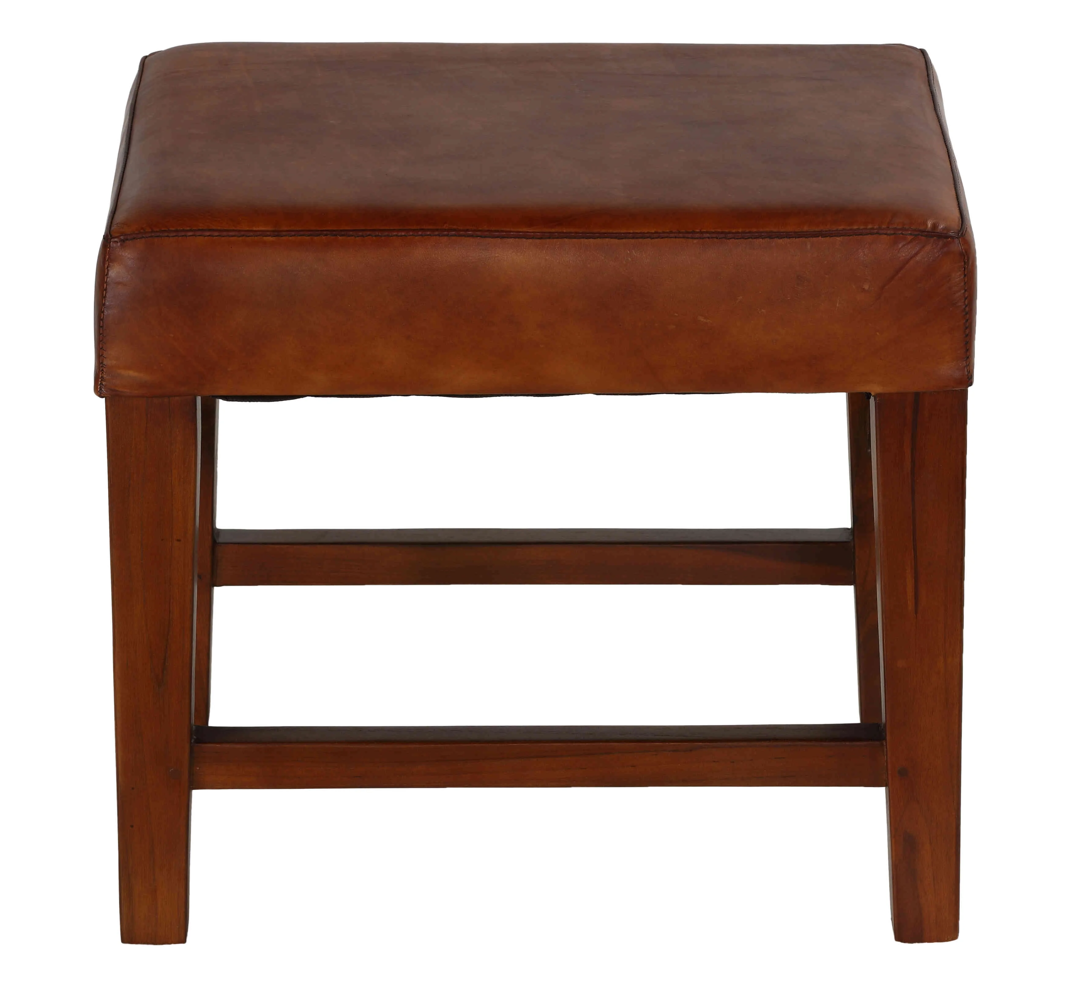 Bare Decor Alvin Genuine Leather Ottoman with Solid Teak Wood Legs, Brown