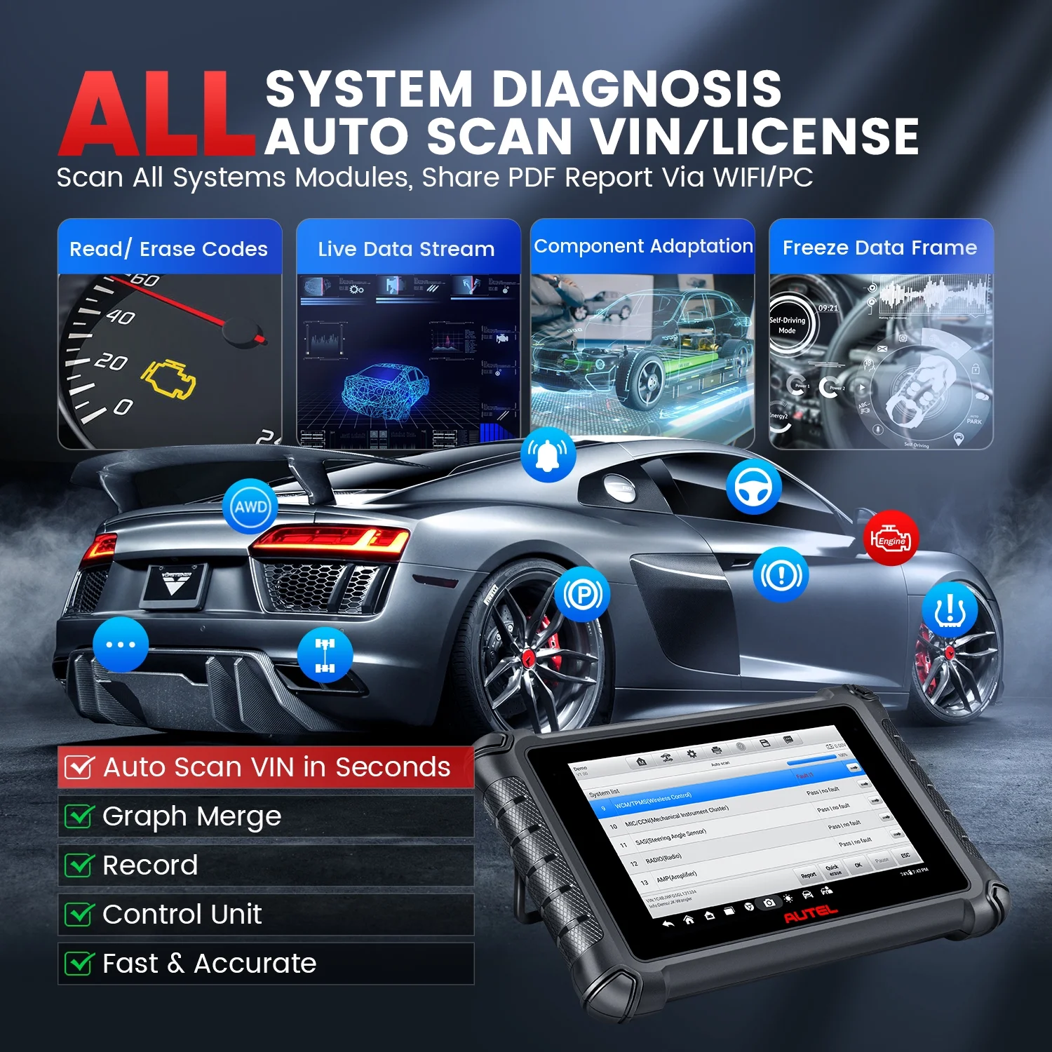 Autel MaxiCheck MX900 Gift MV108 Level up of MK808S MX808S Car Diagnostic Bidirectional Scan Tool 40+ Resets DoIP & CAN FD Auto VIN/License WiFi