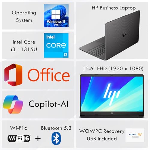 HP 250 G10 15.6" FHD Business Laptop, Backlit Keyboard, Microsoft Office 365, Intel Core i3-1315U (6 cores, Up to 4.5GHz), 16GB RAM, 1TB SSD, USB-C