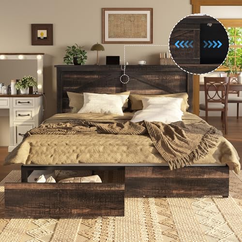 AMERLIFE 47.2" H King Bed Frame with Hidden Space Bookcase Headboard and Charging Station, Beds with 2 Storage Drawers and Wood Slats