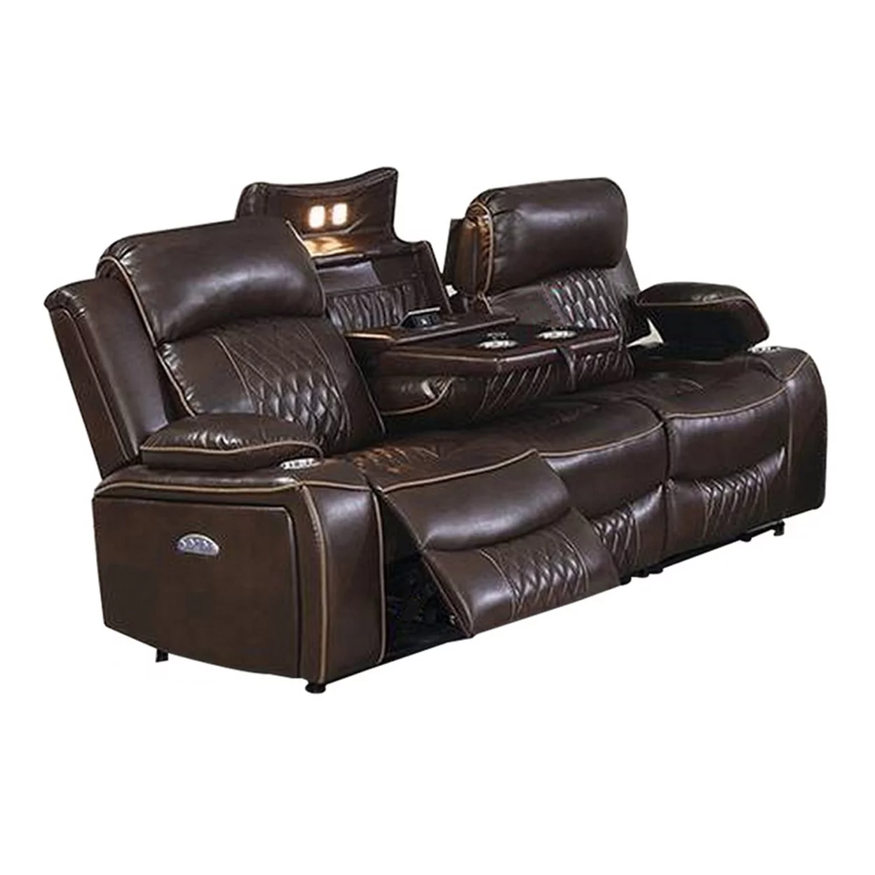 Seda 80 Inch Power Reclining Sofa USB Port Dark Brown Vegan Faux Leather- Saltoro Sherpi