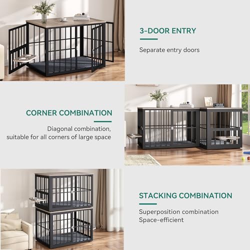 YITAHOME 88.6" Large Corner Dog Crate Furniture for 2 Dogs, Large Wooden Dog Kennel with Dog Bowls & 3 Doors