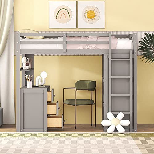 Loft Bed with Desk and Wardrobe Full Size Loft Beds Frame with Storage Drawers Cabinet Wood All in One Beds for Kids Boys Girls Teens Bedroom Dorm