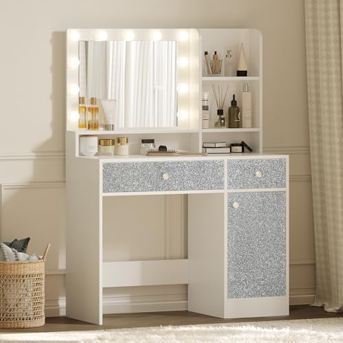Vanity Desk with Mirror and Lights, Diamond Edition Vanity Desk, Makeup Vanity Table with 3 Drawers & 5 Open Shelves