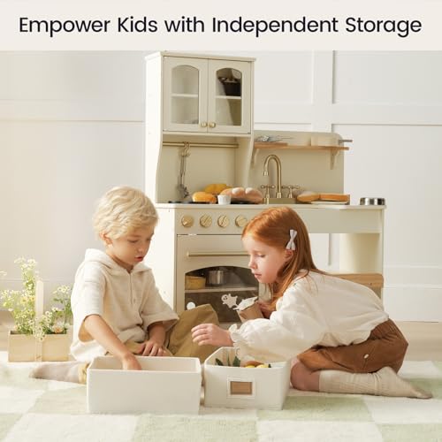 Tiny Land Play Kitchen for Kids with Enhanced Storage – Modern Toddler Kitchen Playset with Stove, Sink & Accessories, Organized Wooden Toy Kitchen