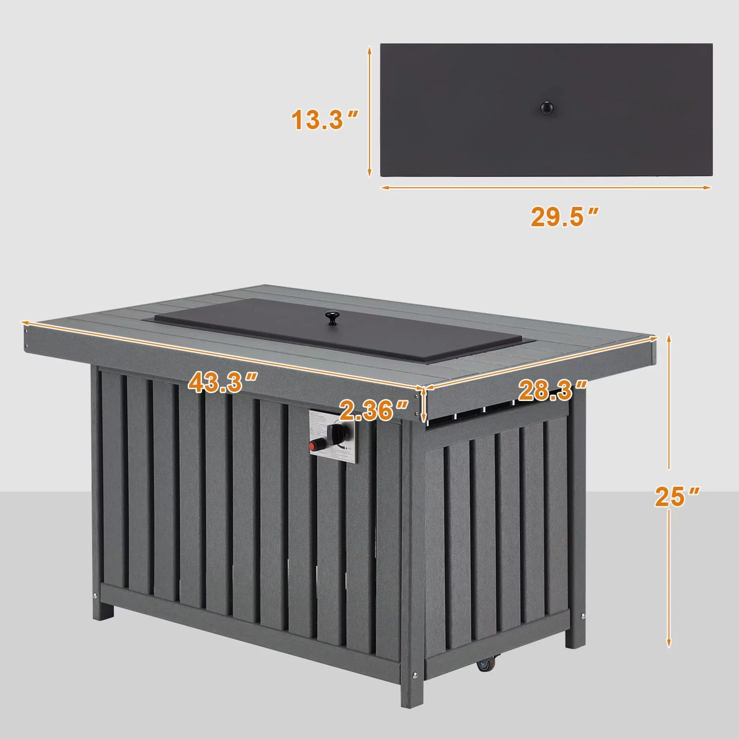 Erommy 43 Inch HDPE Propane Fire Pit Table, 50000 BTU Fire Pits with Lid and Fire Glass, for Deck, Outside Paito, CSA Certification, Gray
