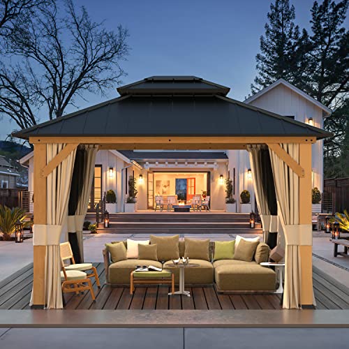 EROMMY 12'x20' Hardtop Gazebo Double Roof Galvanized Steel Canopy Outdoor Aluminum Frame Permanent Metal Pavilion with Netting and Curtains for Patio