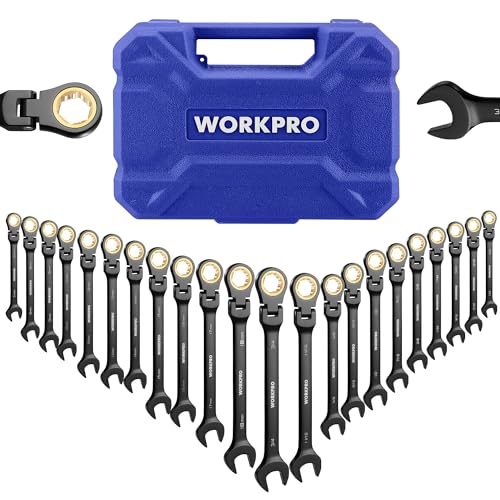 WORKPRO 22-piece Ratcheting Wrench Set with 180° Flex Head, Anti-Slip Tooth, Combination Wrench Sets with Organizer Box, Metric 6-18mm & SAE 1/4-3/4"