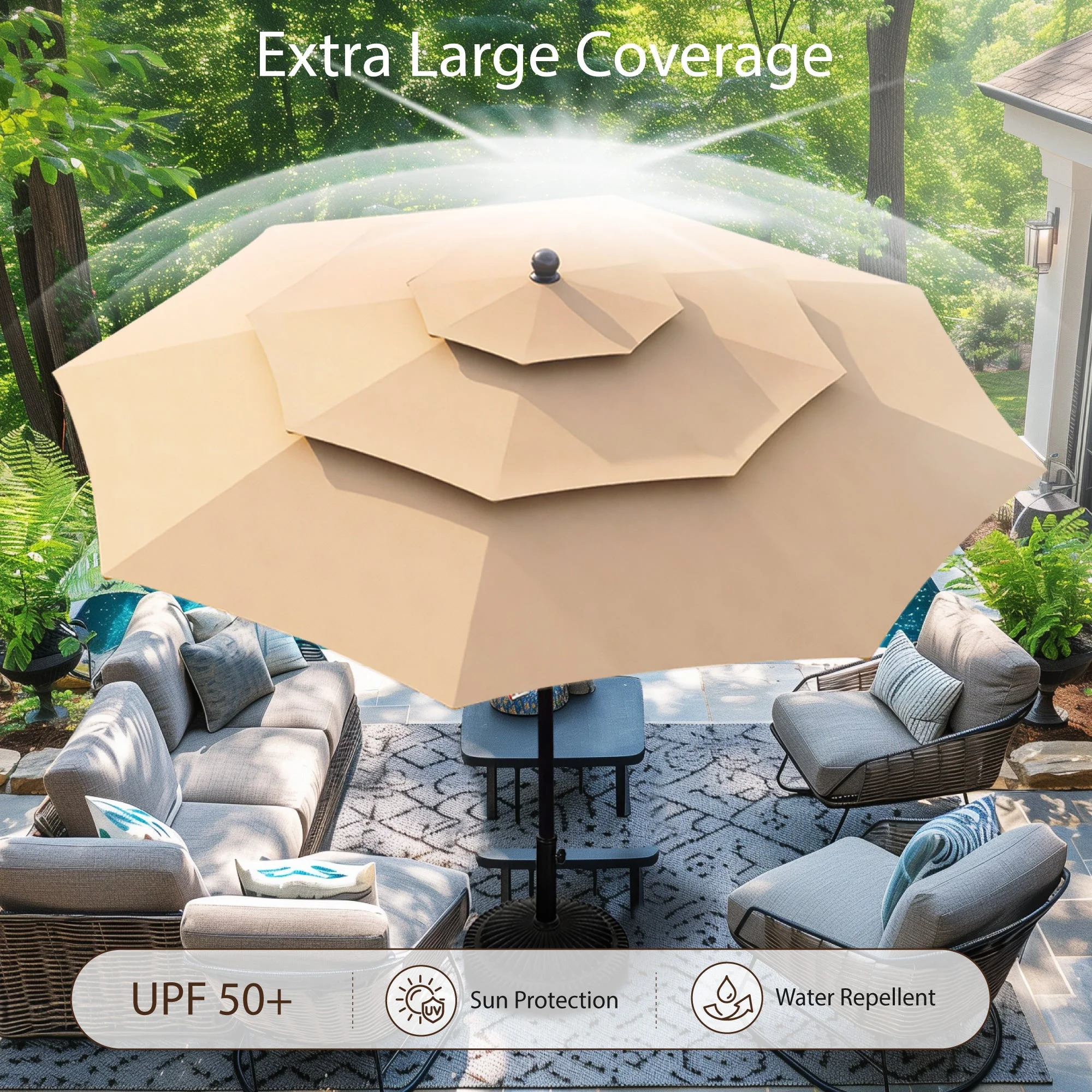 Sophia & William 10ft 3 Tier Auto-Tilt Outdoor Patio Umbrella Beach Garden Double Vented Table Umbrella with Push Button and Crank,Beige