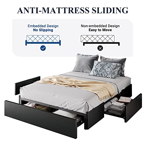 Allewie Queen Size Platform Bed Frame with 3 Storage Drawers, Fabric Upholstered, Wooden Slats Support, No Box Spring Needed, Noise Free