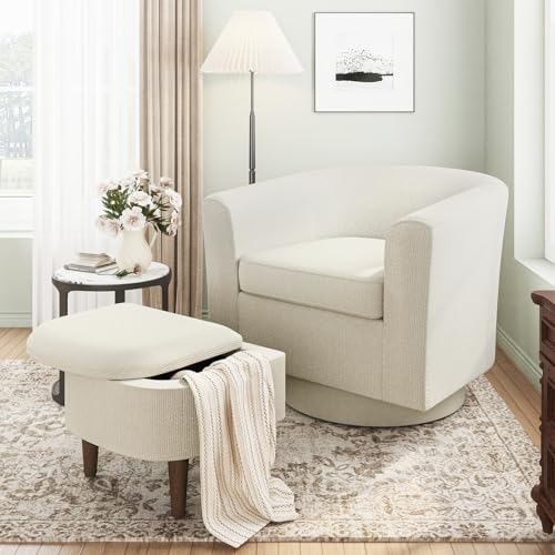 COLAMY Upholstered Swivel Barrel Accent Chair with Ottoman