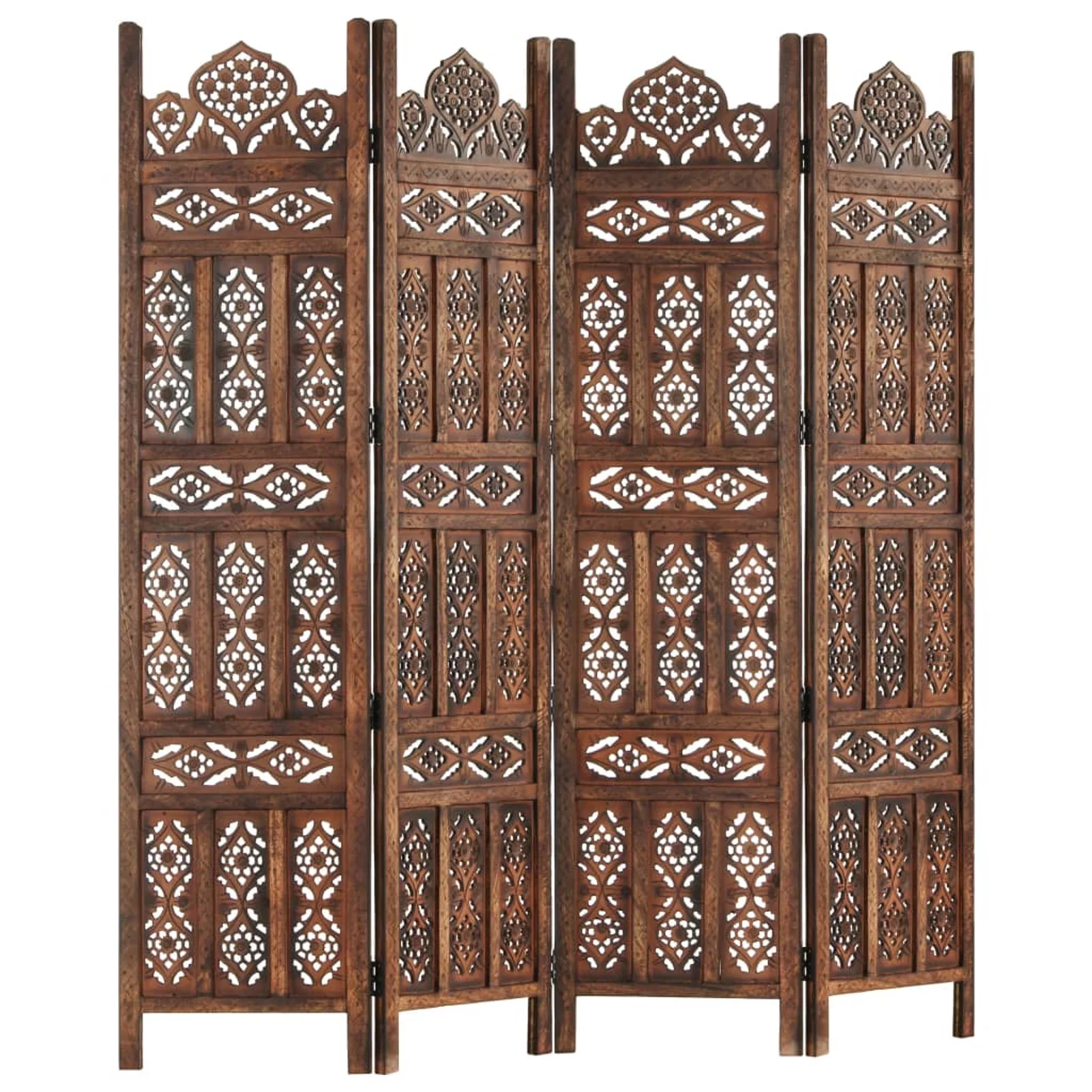 Anself Hand Carved 4-Panel Room Divider Freestanding Room Partition Panel Folding Screen Mango Wood Brown for Bedroom, Bathroom, Living Room