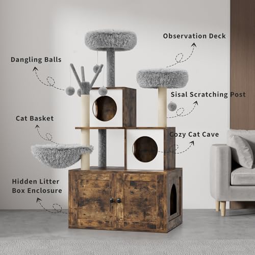 57.5-Inch Cat Tree with Litter Box Enclosure 2-in-1 Modern Cat Tower with Cat Condo/Hammock/Scratching Post/Plush Perch/Removable Pompom Sticks/Caves