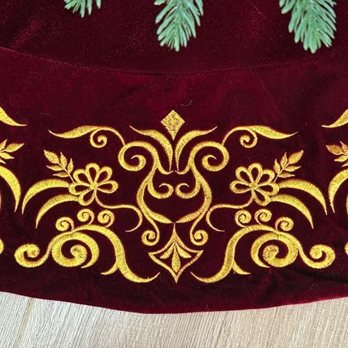 72-Inch Victorian Velvet Christmas Tree Skirt with Gold Damask Embroidery and Plush Lace Ties, Burgundy
