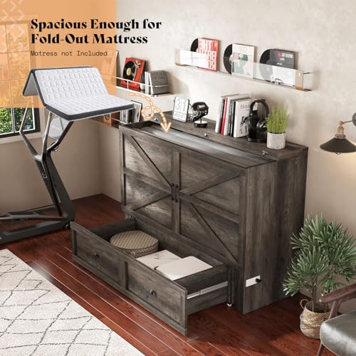 AMERLIFE Queen Murphy Bed with Storage & Charging Station, Farmhouse Murphy Cabinet with Foldable Panel, Noisy Free, for Guest Bedroom, Living Room
