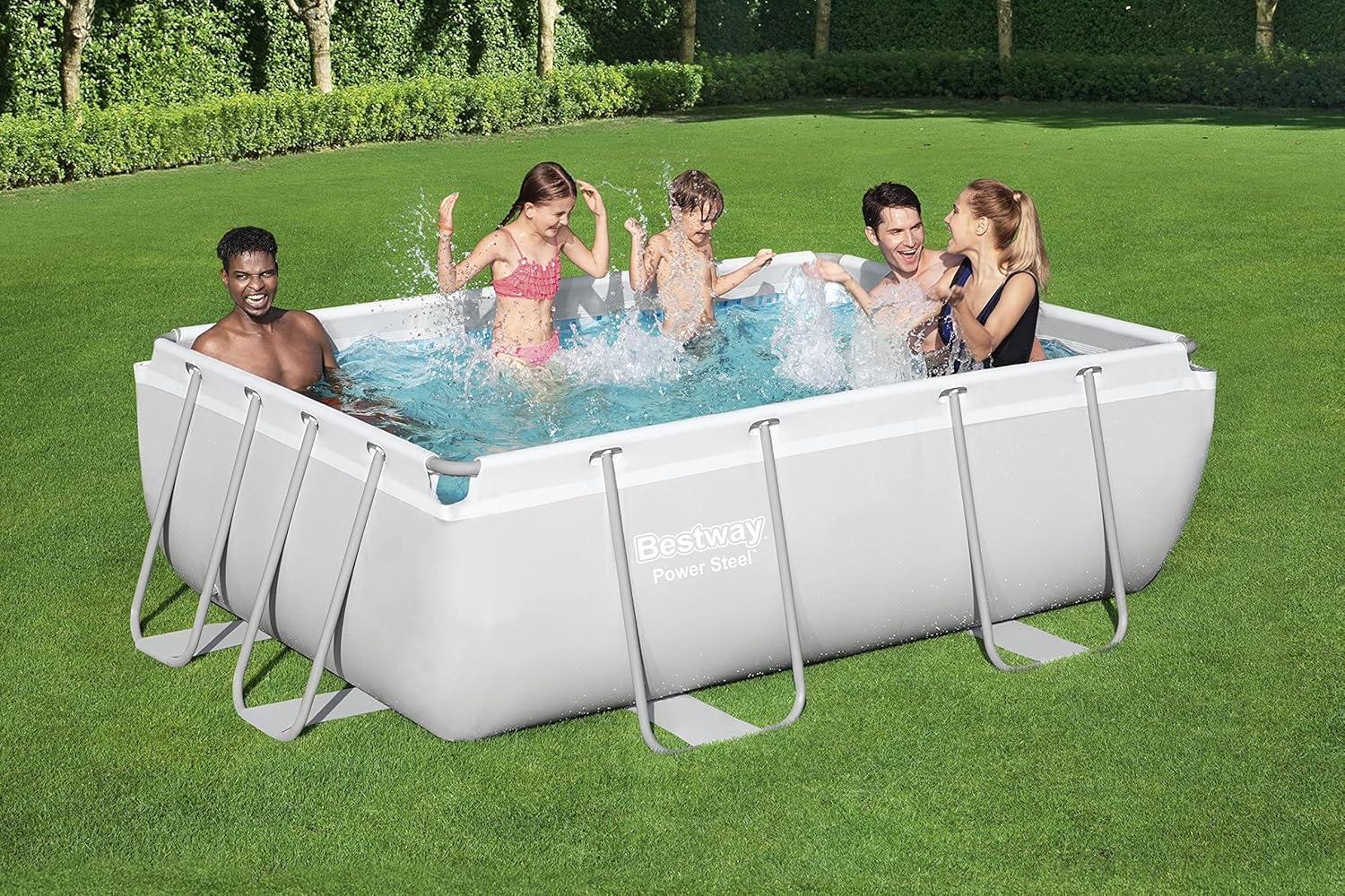 Bestway 56711E Power Steel 18' x 9' x 48 Outdoor Oval Frame Above Ground Swimming Pool Set with 1500 GPH Cartridge Filter Pump, Cover, & Ladder, Gray