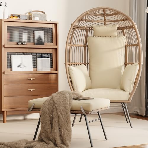 Oversized Wicker Egg Chair with Ottoman, Patio Lounge Chairs with Thick Cushion, Rattan Egg Basket with Steel Frame for Indoor/Outdoor, Porch