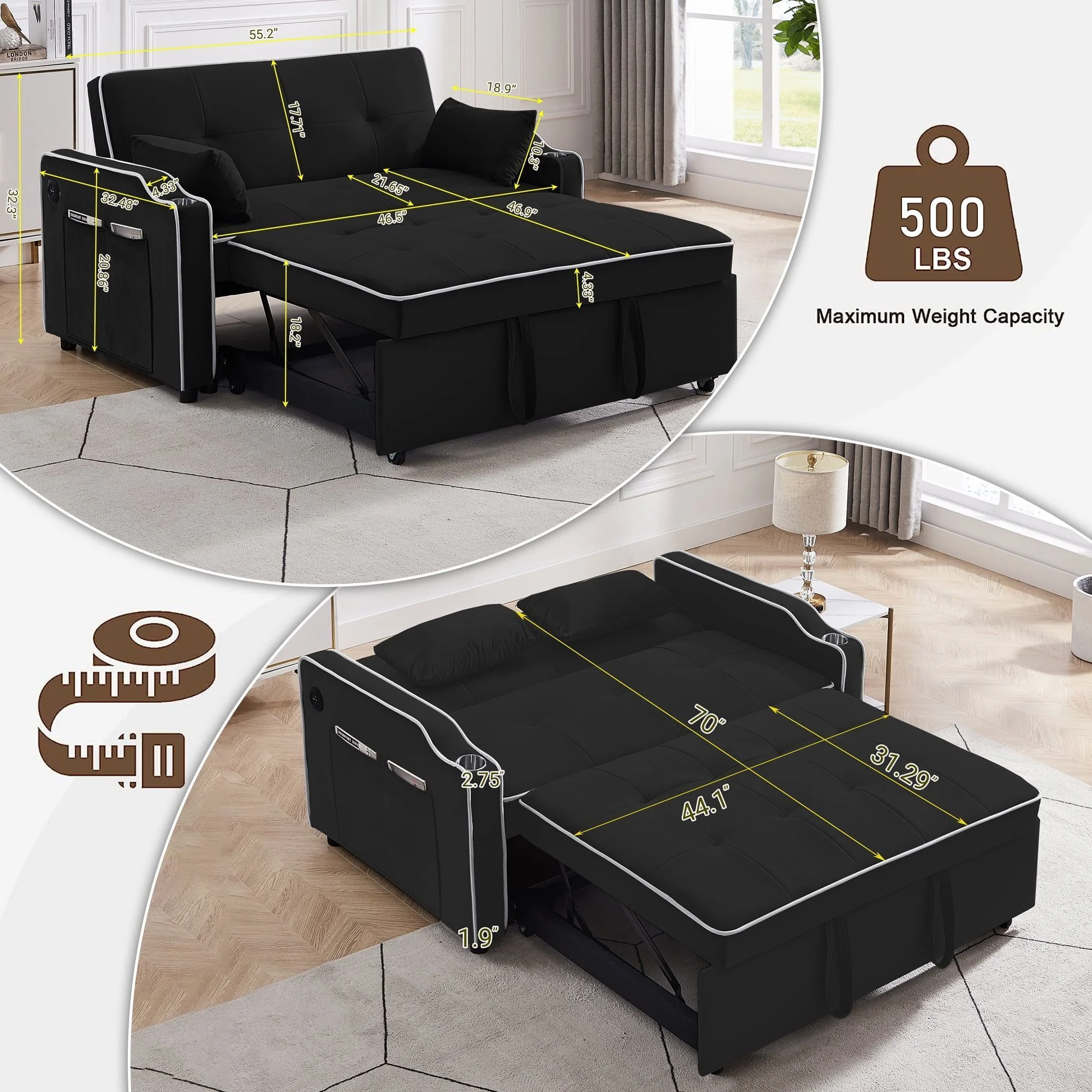 Momspeace Pull Out Loveseat Sleeper Sofa Bed with Cup Holders, Usb Ports and Side Pockets, Black - Radiant Selections