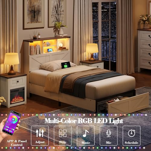 Twin Bed Frame with Bookshelf, Bookcase High Headboard with Charging Station and LED Light, Farmhouse Bed with Storage Drawers, No Box Spring Needed