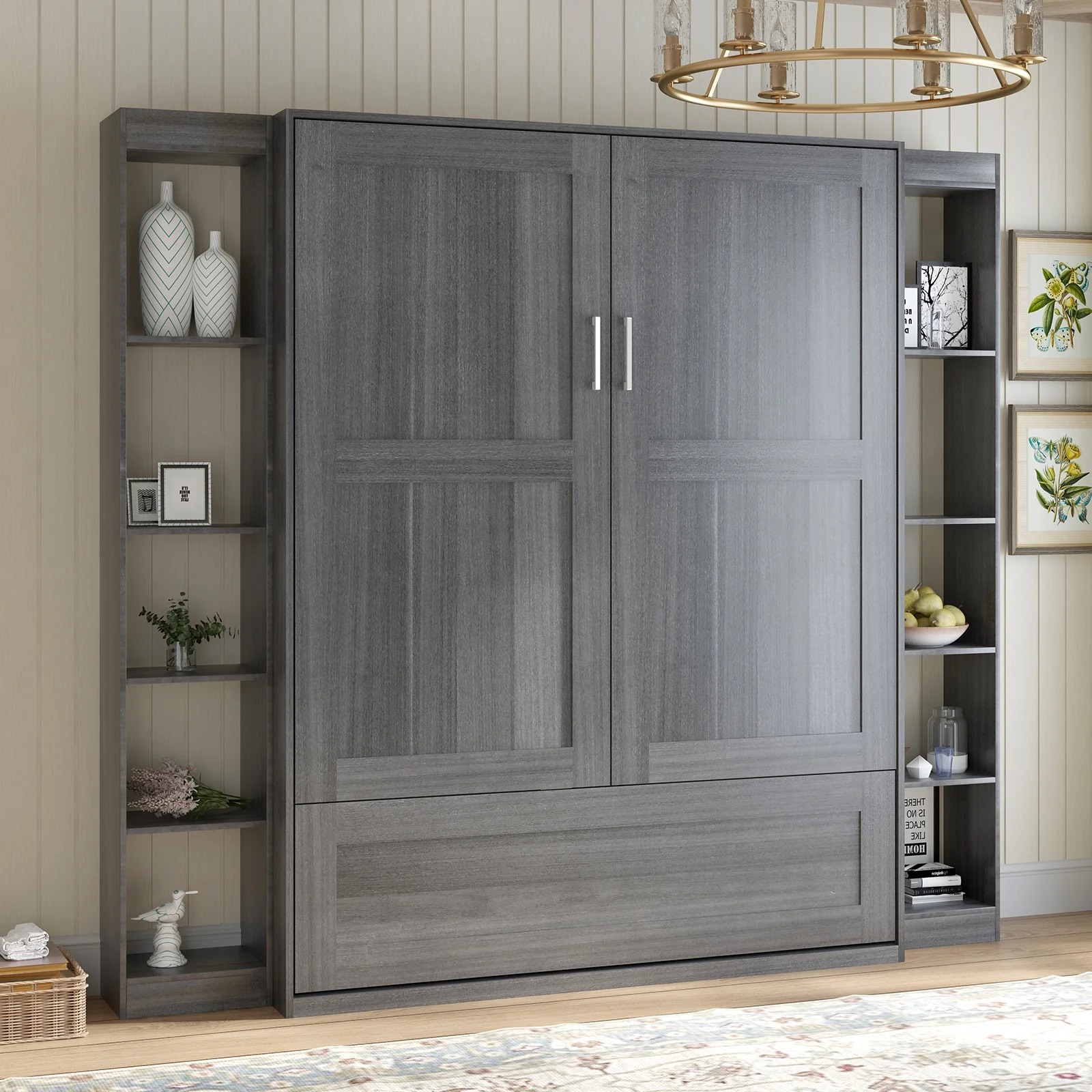 MUZZ Foldable Murphy Bed with 2 Sides Cabinet, Folding Wall Bed with Space Saving Design, Fold up Murphy Bed Cabinet for Storage