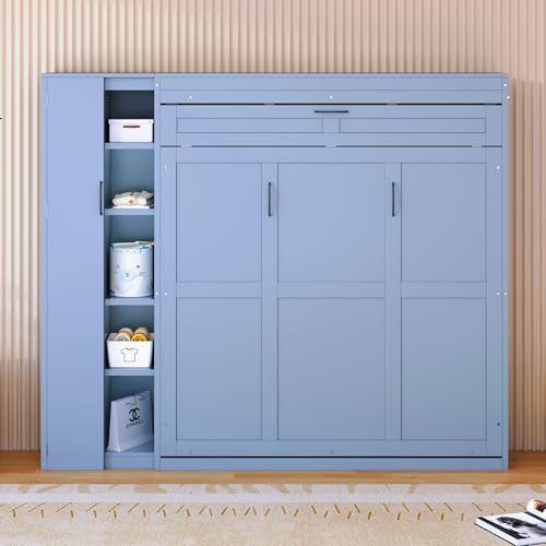 Queen Size Murphy Bed Wall Bed with Desk and Closet,Drawers and Shelves,for Small Spaces Studio Study Office Guest Room Use (Gray#Desk, Queen)