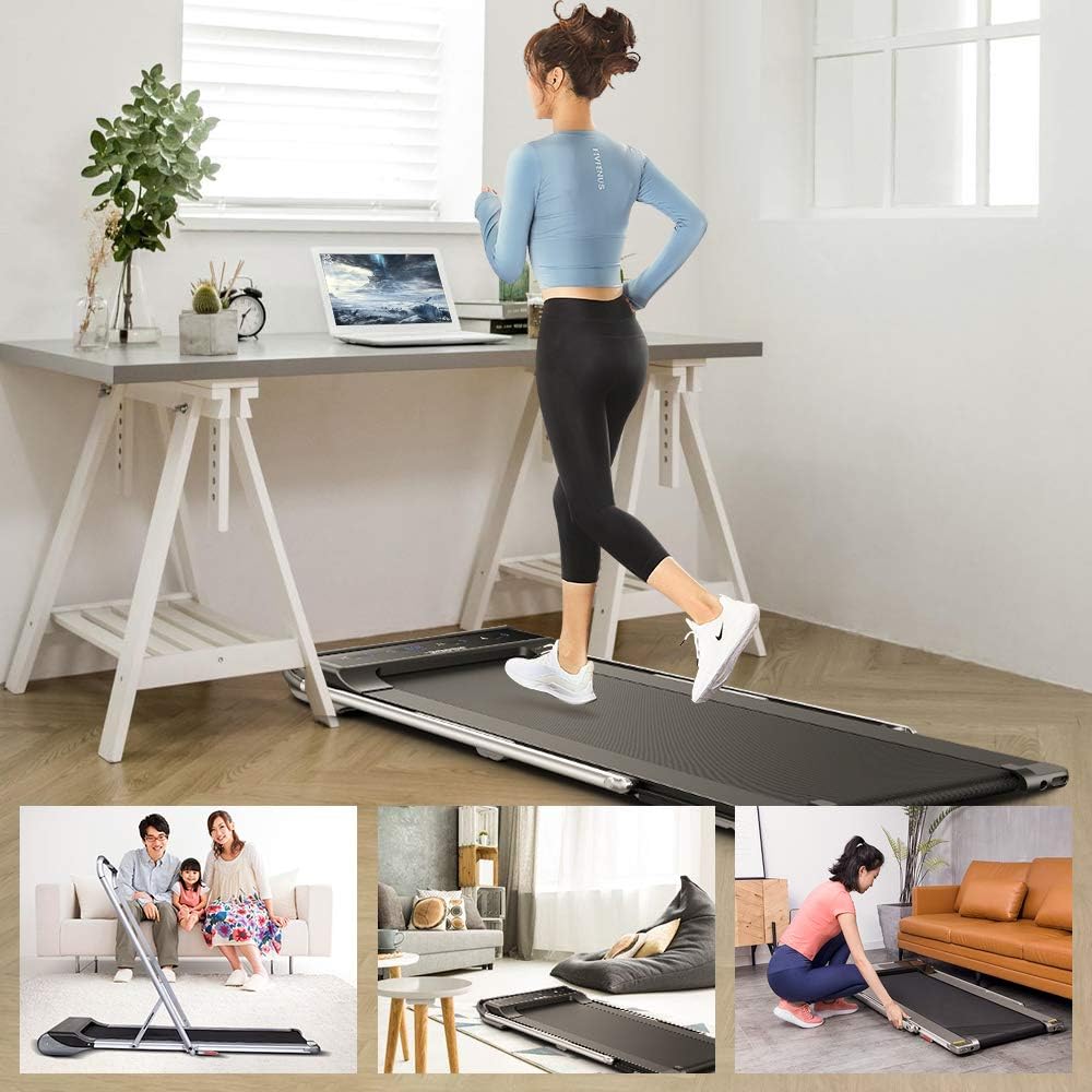 RHYTHM FUN Treadmill Under Desk Treadmill 2-in-1 Folding Running Walking Treadmill with Foldable Handtrail and Speed Sensor Light Slim Mini Quiet