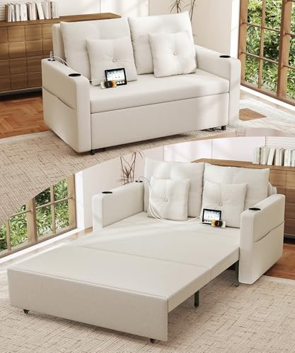 3 in 1 Pull Out Couch, 56 Inch Convertible Sleeper Sofa Bed, Loveseat Sofa with Cup Holders, USB, Sofa Couches for Living Room, Bedroom, Apartment