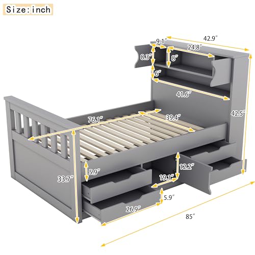 Harper & Bright Designs Twin Size Captain Platform Bed with Bookcase Headboard, Wood Twin Bed Frame with Storage Drawers and Shelves
