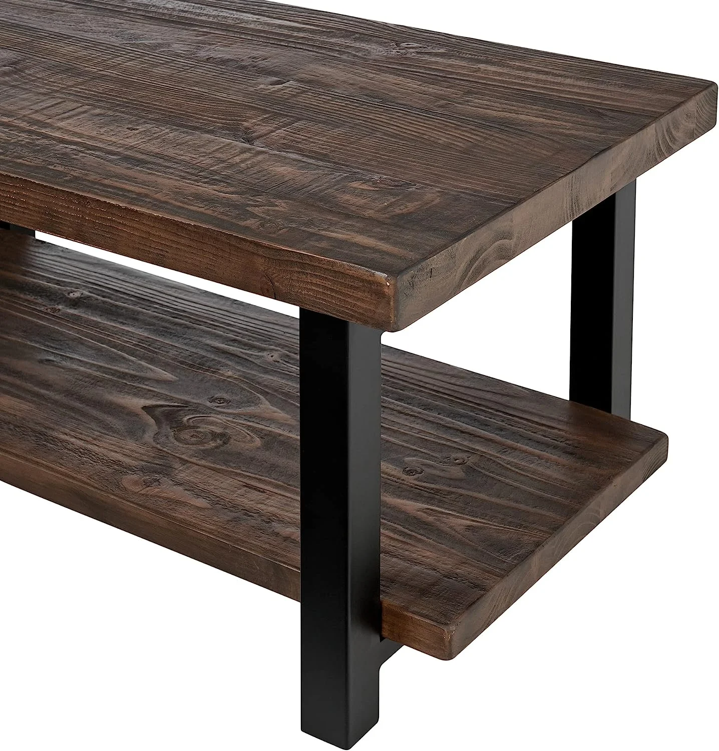 Furniture Pomona Rustic Industrial Modern Vintage Metal and Solid Wood Coffee Table  Easy Assembly  42 in x 24 in x 18 in  Brown