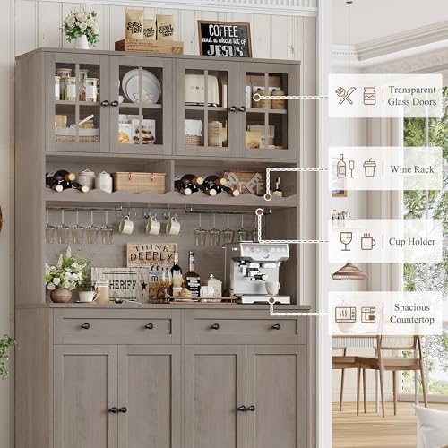 HOSTACK 75.4" Tall Kitchen Pantry Cabinet with Charging Station, Modern White Kitchen Hutch with Microwave Stand and Wine Rack