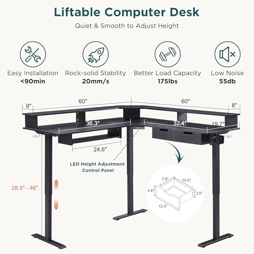 RedLemon 60 Inches L Shaped Electric Standing Desk,Height Adjustable Corner Gaming Desk with Drawers, Keyboard Tray, Power Outlets & LED Lights