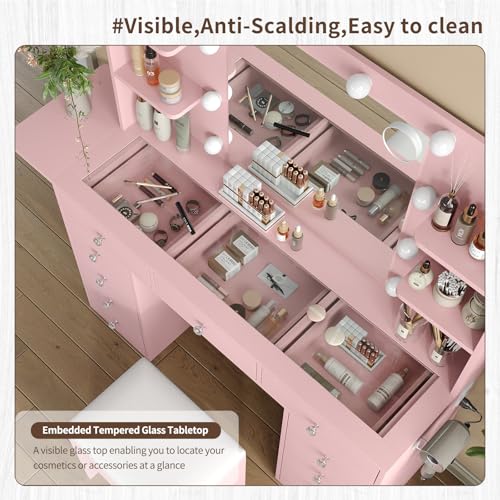 55" W Vanity Desk, Makeup Vanity with Charging Station, 15 Drawers with Lighted Mirror, 3 Lighting Modes, Brightness Adjustable, Glass Top