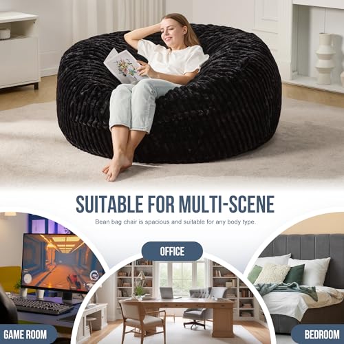 Hobestluk 5ft Bean Bag Chairs for Adults Large Beanbag Chair with Stripe Plush Cover Big Bean Bag Chair for Living Room Bedroom Dorm Office -Black