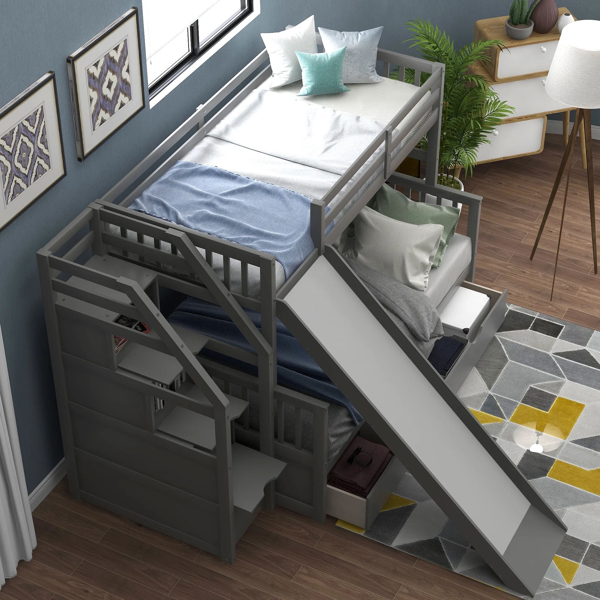 Euroco Wood Twin over Full Bunk Bed with 2 Drawers and Slide, Storage Staircase for Bedroom, Gray - Radiant Selections