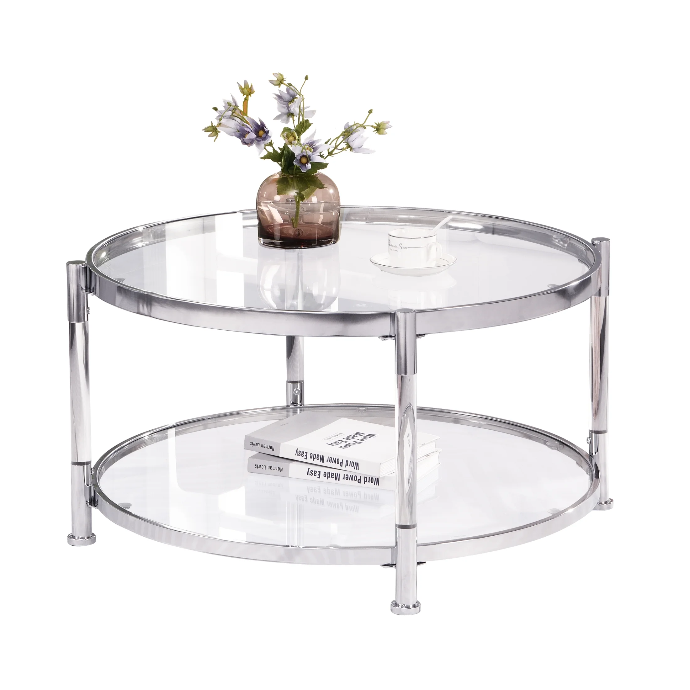 Contemporary Acrylic Coffee Table, 32.3'' Round Tempered Glass Coffee Table, Chrome/Silver Coffee Table for Living Room