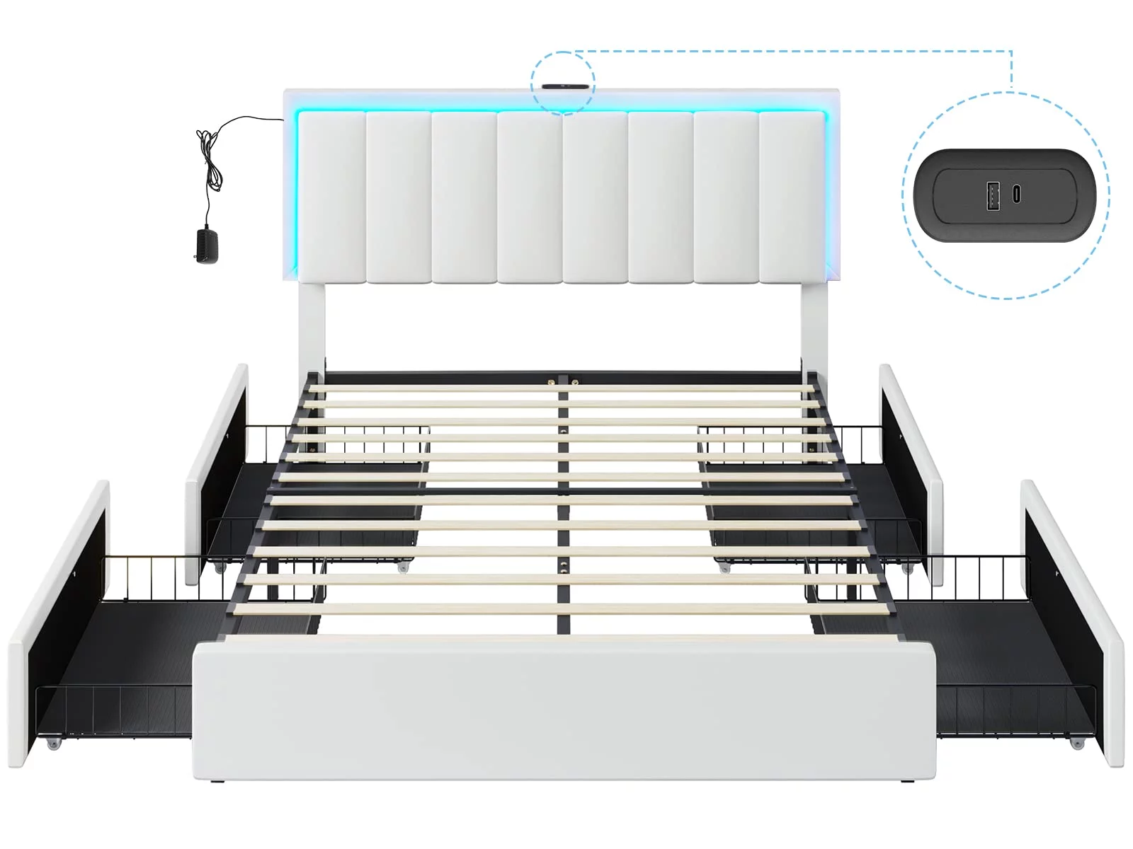DICTAC Queen LED Bed Frame with 4 Storage Drawers and USB Ports Modern Upholstered Platform Bed Frame with Storage Faux Leather Storage with LED